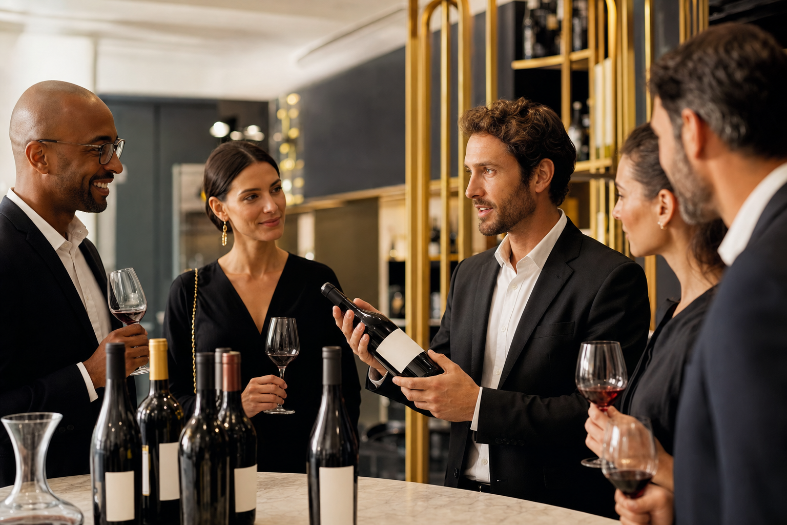 Pessoas elegantes participando de uma degustacao de vinhos.