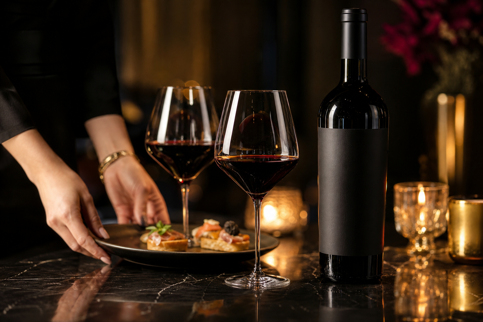 Taças e garrafa de vinho em uma mesa sofisticada.