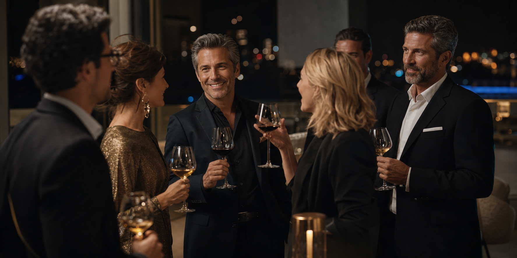 Grupo elegante brindando em ambiente premium.